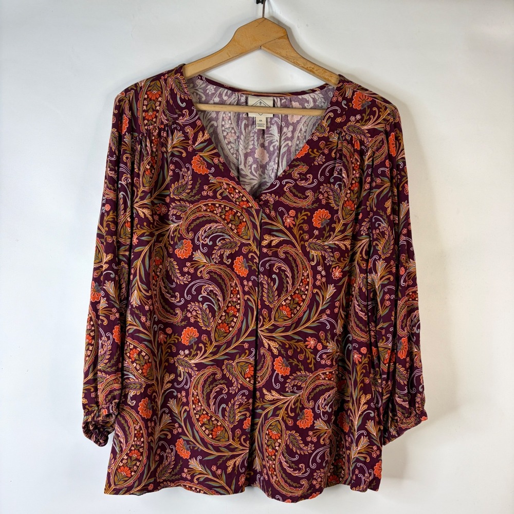 St. John's Bay Blouse Women 0X Burgundy Paisley V-Neck Long Sleeve Boho Top